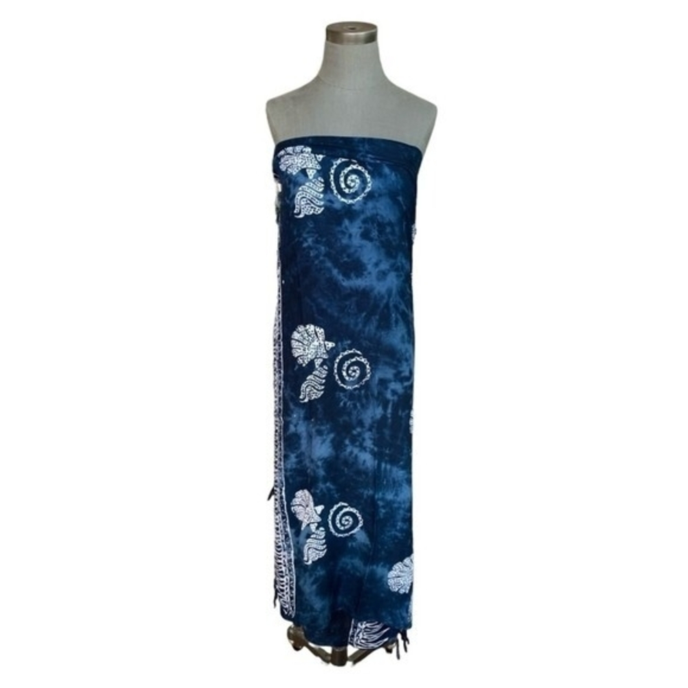 Hawaiian Blue Coastal Shells Sarong 64x46 Rayon Beach Cover Up Wrap Scarf EXC - Picture 5 of 7
